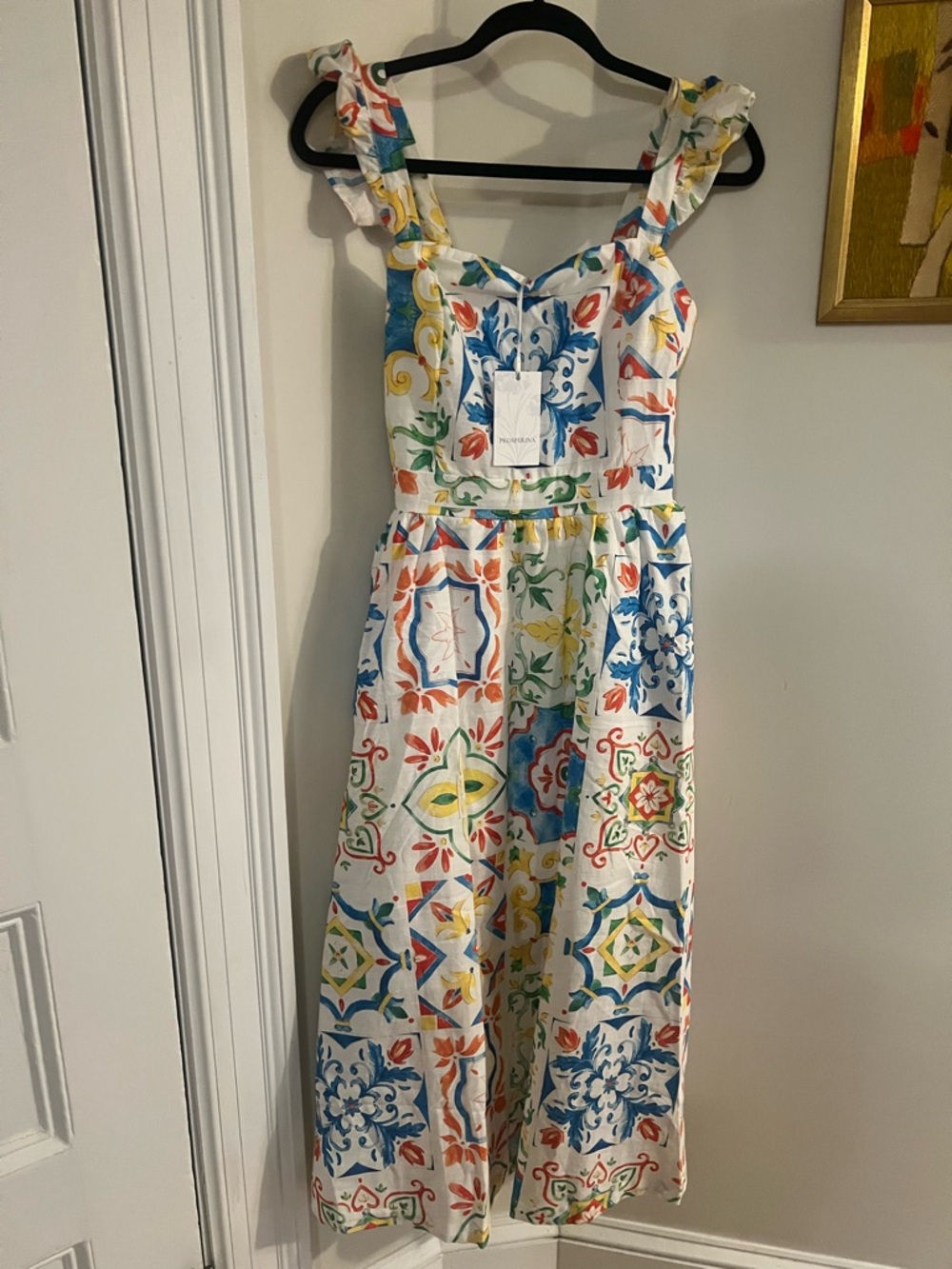 White Multi-Tile Print Ruffle Strap Midi Dress Sz M. (4-6 US)